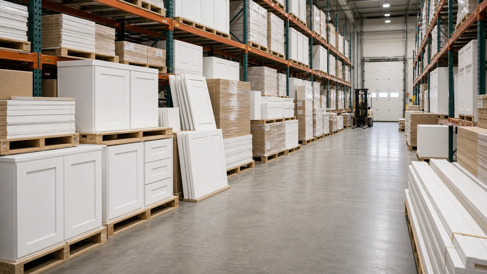 White VanStro cabinet products stocked in dealer warehouse inventory