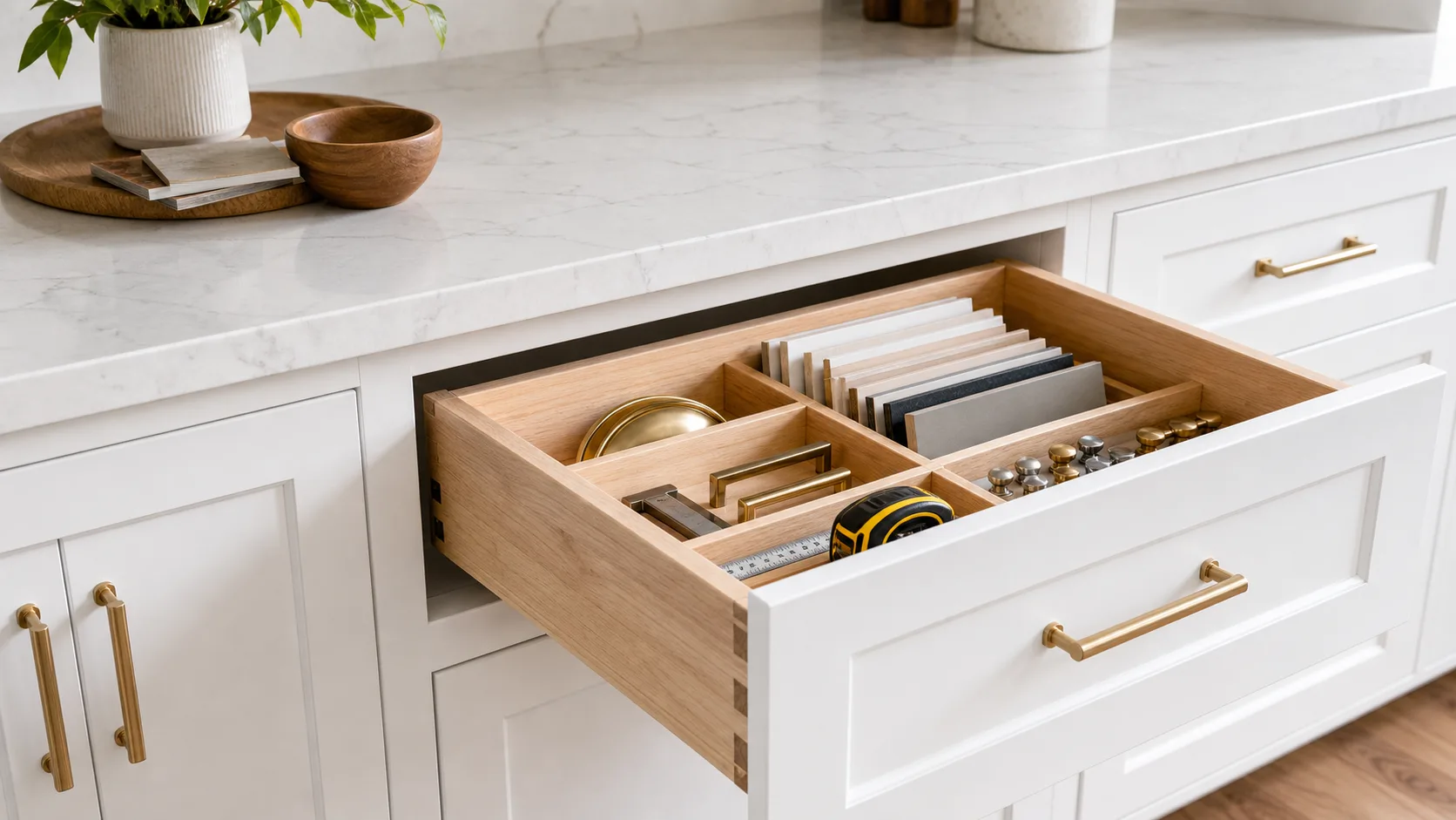Cabinet drawer with material samples and project tools