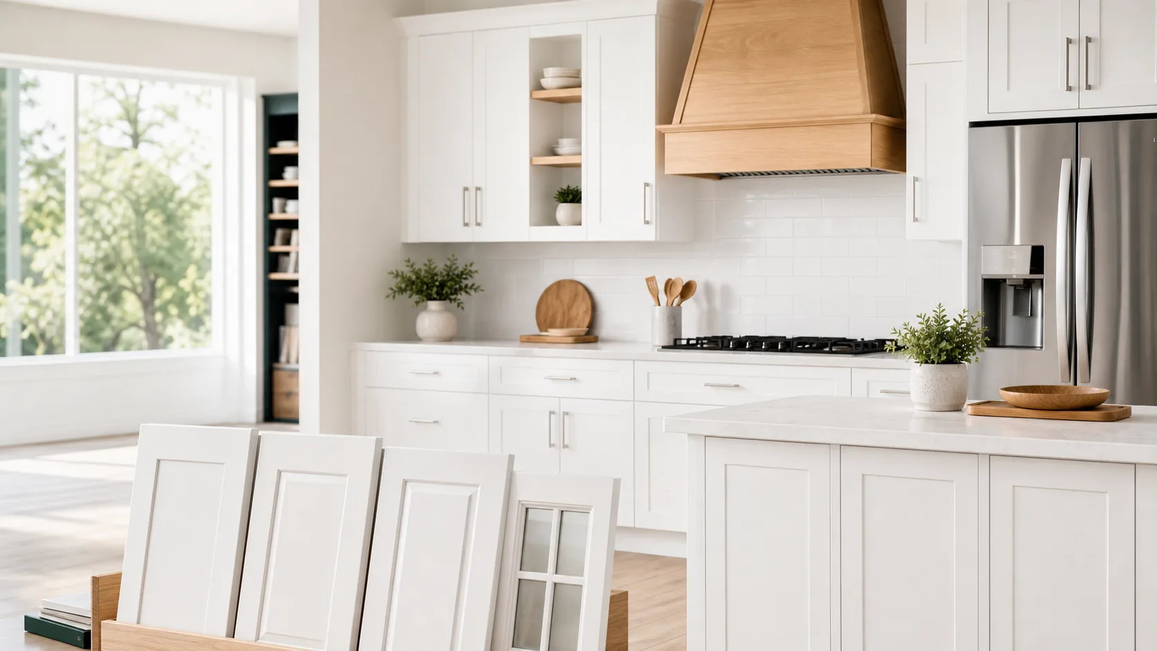Bright kitchen showroom with white cabinets and sample doors